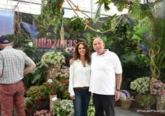 Liat Lavie and Micha Danziger of Danziger in front of Amazonas. “The brand-new petunia had heads turning at Flowertrials. AmazonasÔ Plum Cockatoo brings a bit of the rainforest to gardens everywhere. Lush, green hues pair with vivid, tropical purples to create a truly unique petunia. This unique variety brings a calming backdrop of natural color that pairs well with foliage plants in the garden.”